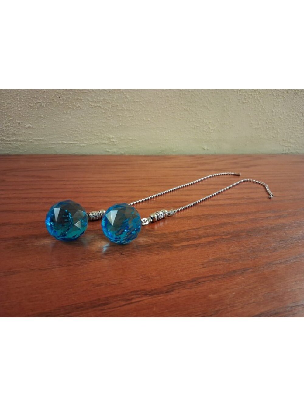 Crystal Ocean Blue Lamp Fan Pull Ceiling Light Chain Beaded Silver Tone Set 2